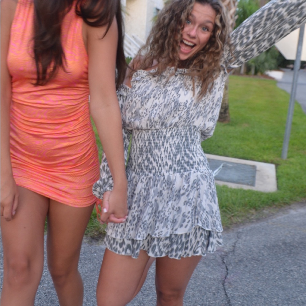 Surf Gypsy Off-Shoulder Mini Dress in Cream and Gray - Picture 2 of 6
